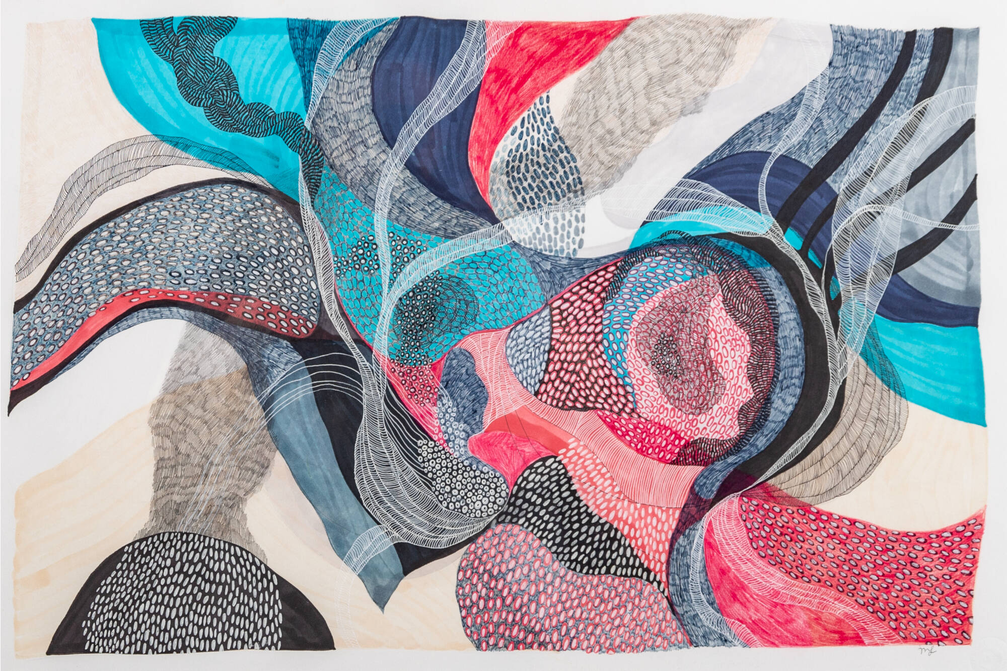 Abstract drawing made of small patterns that make up a larger swirl pattern. Colors include pink, blue, grey and beige.